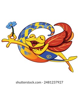 Mascot and cartoon animation character: A strange frog with wings made from leaves is flying with a small flower - colorful version
