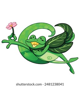 Mascot and cartoon animation character: A strange frog with wings made from leaves is flying with a small flower - green version