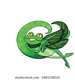 Mascot and cartoon animation character: A strange frog with wings made from leaves is fluttering - green version