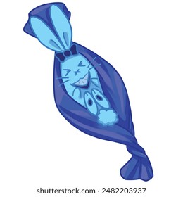 Mascot and cartoon animation character: Strange blue bunny made from candy - when you peel it off, you will see this bunny