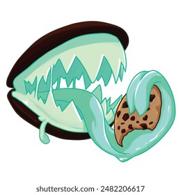 Mascot and cartoon animation character: The strange cookie with kiwi cream inside is about to eat another cookie