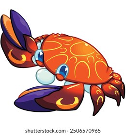 Mascot and cartoon animation character: The strange orange crab is holding two clams with its claws.