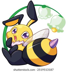 Mascot and cartoon animation character: The strange mythical bee, a cross between a bee and a rabbit, flies in search of honey - yellow ver