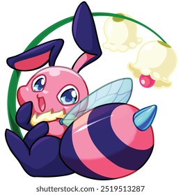 Mascot and cartoon animation character: The strange mythical bee, a cross between a bee and a rabbit, flies in search of honey - pink ver