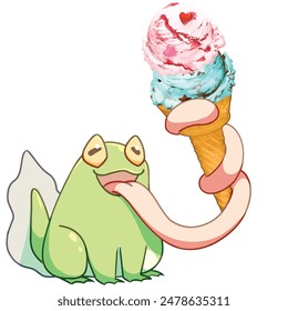 Mascot and cartoon animation character: Strangely cute frog with delicious ice cream v2