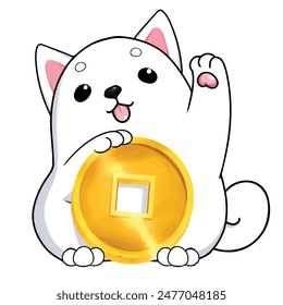 Mascota y personaje de animación de dibujos animados: perro shiba inu blanco con moneda de oro saludando para llamar a la suerte y la riqueza