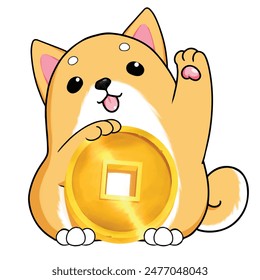 Mascota y personaje animado de dibujos animados: perro shiba inu amarillo con moneda de oro saludando para llamar a la suerte y la riqueza