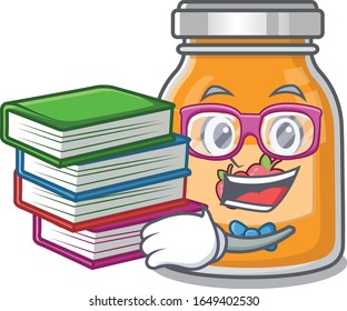 mascot cartoon of apple jam studying with book