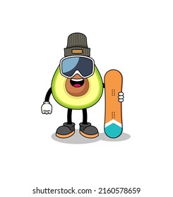 Caricatura en mascota del jugador de snowboard aguacate , diseño de personaje