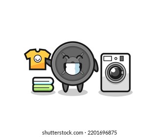 Mascot cartoon of barbell plate with washing machine , cute design