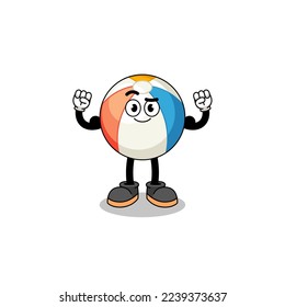 Caricatura en mascota de la pelota de playa posando con músculo , diseño de personajes