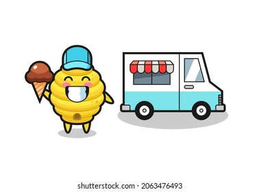 Mascot cartoon of bee hive with ice cream truck , cute design