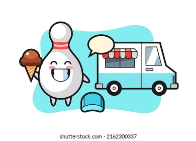 Mascot cartoon of bowling pin with ice cream truck , cute style design for t shirt, sticker, logo element