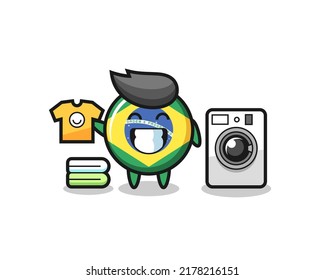 Mascot cartoon of brazil flag badge with washing machine , cute style design for t shirt, sticker, logo element