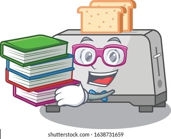 mascot cartoon of bread toaster studying with book