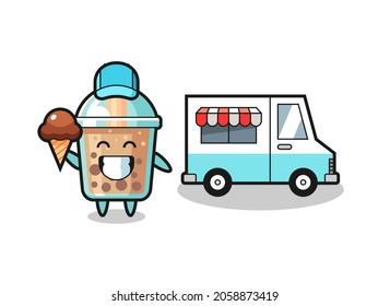 Mascot cartoon of bubble tea with ice cream truck , cute style design for t shirt, sticker, logo element