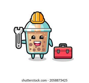 Mascot cartoon of bubble tea as a mechanic , cute style design for t shirt, sticker, logo element