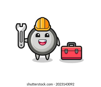 Mascot Cartoon Of Button Cell As A Mechanic , Cute Style Design For T Shirt, Sticker, Logo Element