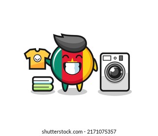 Mascot cartoon of cameroon flag badge with washing machine , cute style design for t shirt, sticker, logo element
