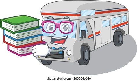 mascot cartoon of campervan studying with book