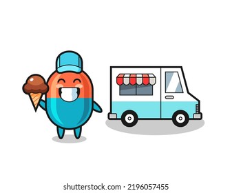 Mascot cartoon of capsule with ice cream truck , cute style design for t shirt, sticker, logo element