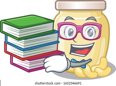 mascot cartoon of cashew butter studying with book