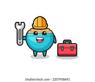 Mascot cartoon of cereal bowl as a mechanic , cute design