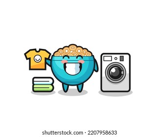 Mascot cartoon of cereal bowl with washing machine , cute design