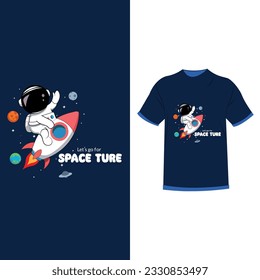 Personaje de caricatura mascota como astronauta con cohete, planat y tiografía en estilo lindo para camiseta, pegatina, elemento logo, afiche