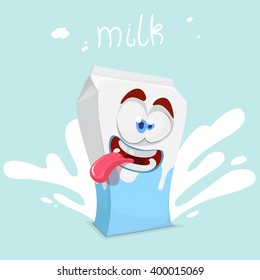 Mascot cartoon character box of milk laughing on a blue background with white spray