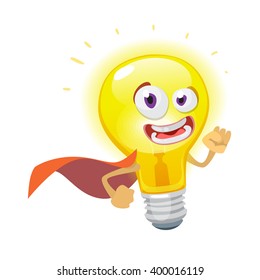 Mascot cartoon character cheerful bulb superhero in a red cloak on white background