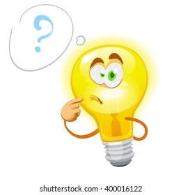 Mascot cartoon character cheerful bulb reflected by a question mark on white background