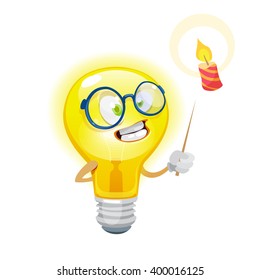 Mascot cartoon character cheerful bulb in glasses indicates a burning candle on white background