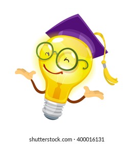 Mascot cartoon character cheerful bulb in glasses and hat university graduate on white background