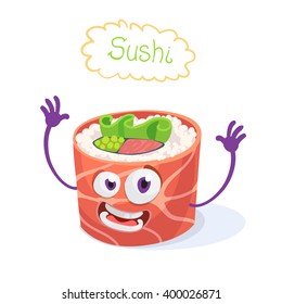 Mascot cartoon character cheerful sushi roll on white background