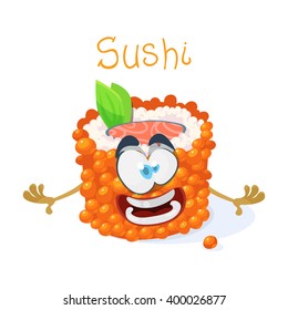 Mascot cartoon character cheerful sushi roll with fish caviar on a white background