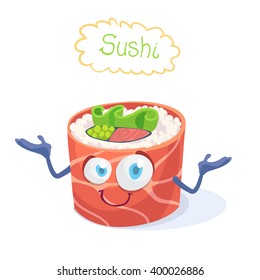 Mascot cartoon character cheerful sushi roll on white background