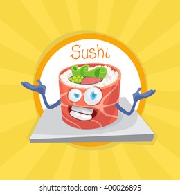 Mascot cartoon character cheerful sushi roll on a bright yellow background