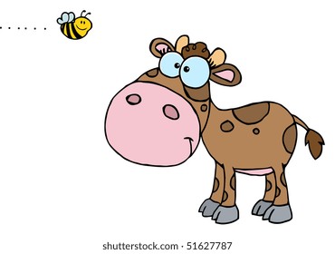 Mascot Cartoon Character Cute Little Cow Seen Flying Bee