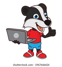 
mascot cartoon character of a skunk holding a laptop