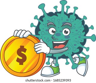 mascot cartoon character style of critical coronavirus showing one finger gesture