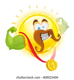 Mascot cartoon characters yellow sun champion athlete with a gold medal on white background