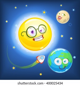 Mascot cartoon characters yellow sun, Earth and moon on the background of cosmic sky