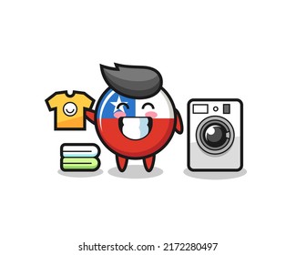 Mascot cartoon of chile flag badge with washing machine , cute style design for t shirt, sticker, logo element