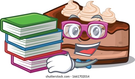 mascot cartoon of chocolate cheesecake studying with book