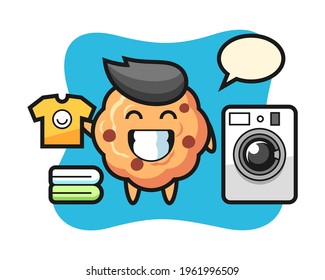 Mascot cartoon of chocolate chip cookie with washing machine, cute style design for t shirt, sticker, logo element