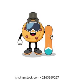 Mascot cartoon of chocolate chip cookie snowboard player , character design