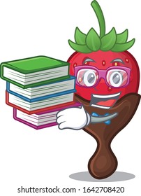 mascot cartoon of chocolate strawberry studying with book