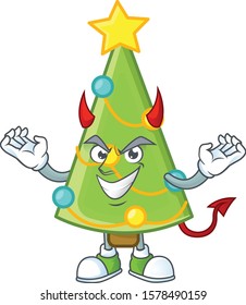 mascot cartoon of christmas tree decoration on a Devil gesture design