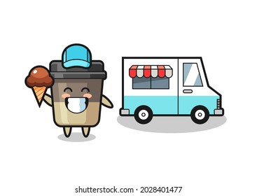 Mascot cartoon of coffee cup with ice cream truck , cute style design for t shirt, sticker, logo element